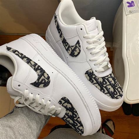 sewing authentic Dior fabric on custom Nike Air Force 1 shoes